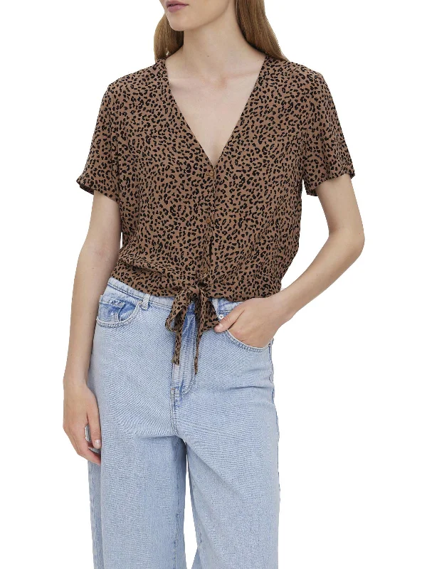 Women's Comfortable Lounge Attire Womens Front Tie Cropped Blouse