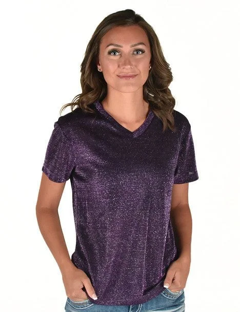 Women's Trendy Outfits Cowgirl Tuff Womens Shimmer Breathe V Purple Nylon S/S T-Shirt