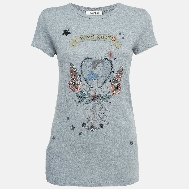 Relaxed Fit Women's Fashion Valentino Grey Embellished/printed Jersey T-Shirt
