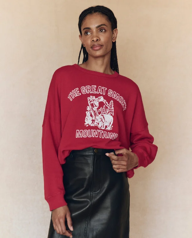 Trendy Women's Apparel for All Seasons The Teammate Sweatshirt. Graphic -- Cherry with Great Smoky Mountains Graphic