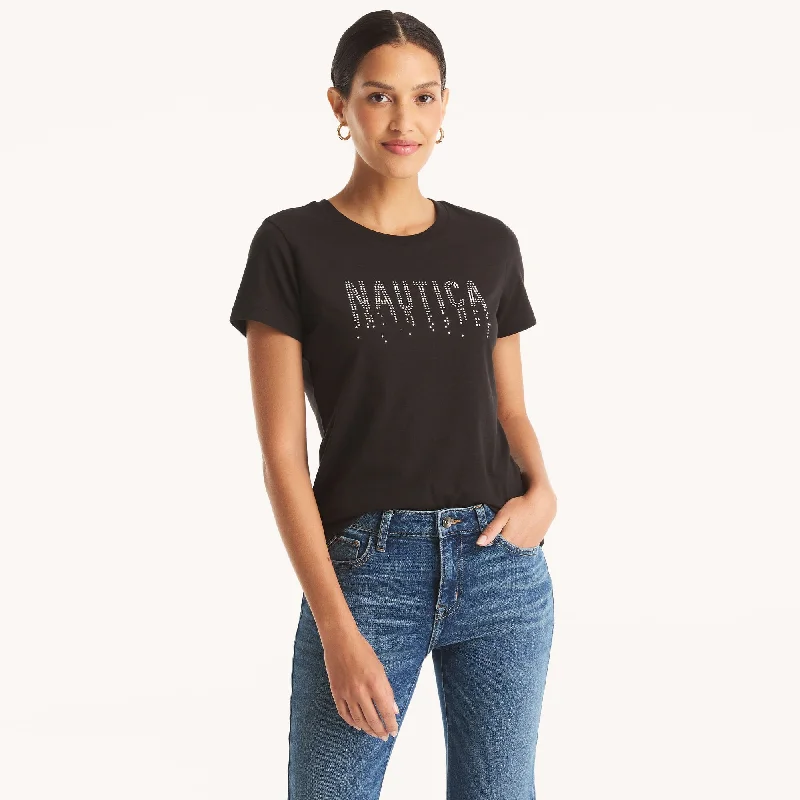 Rocker Chic Fashion Nautica Womens Studded Logo Graphic T-Shirt