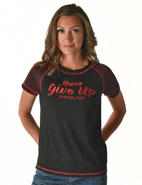 Clothes Sales Cowgirl Tuff Womens Never Give Up Shimmer Dark Red Nylon S/S T-Shirt