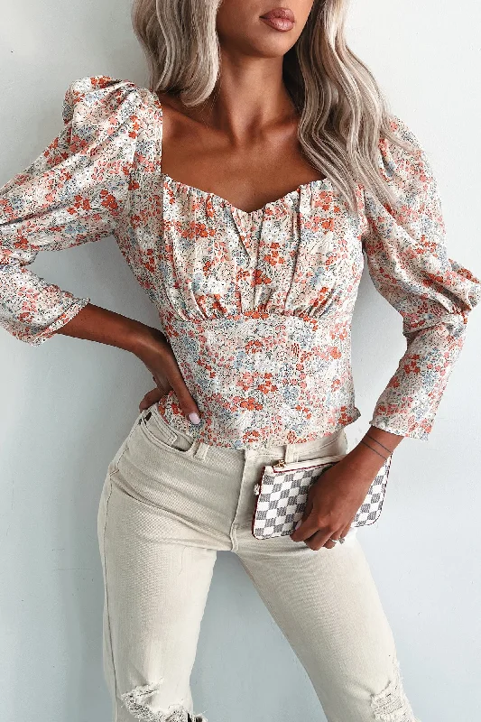 Comfortable Women's Clothes Floral Finale Printed 3/4 Sleeve Top (Cream Multi)