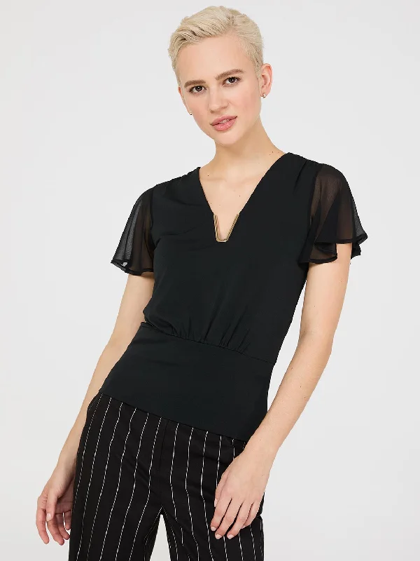 Modern Women's Fashion with Vintage Touches Chiffon Flutter Sleeve Top With Metal Detail