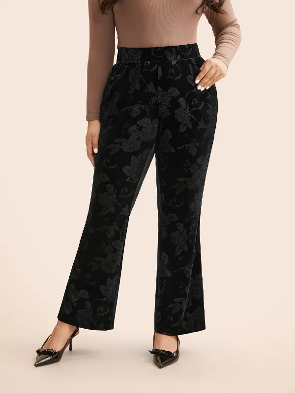 Casual Clothes For Women Velvet Floral Mid Rise Bootcut Leggings