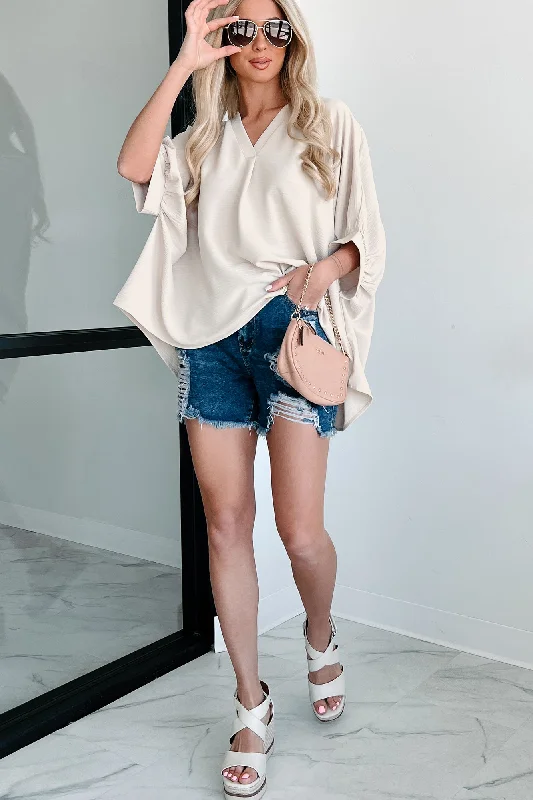 Women's Versatile Apparel Office Chats Oversized V-Neck Blouse (Sand Beige)