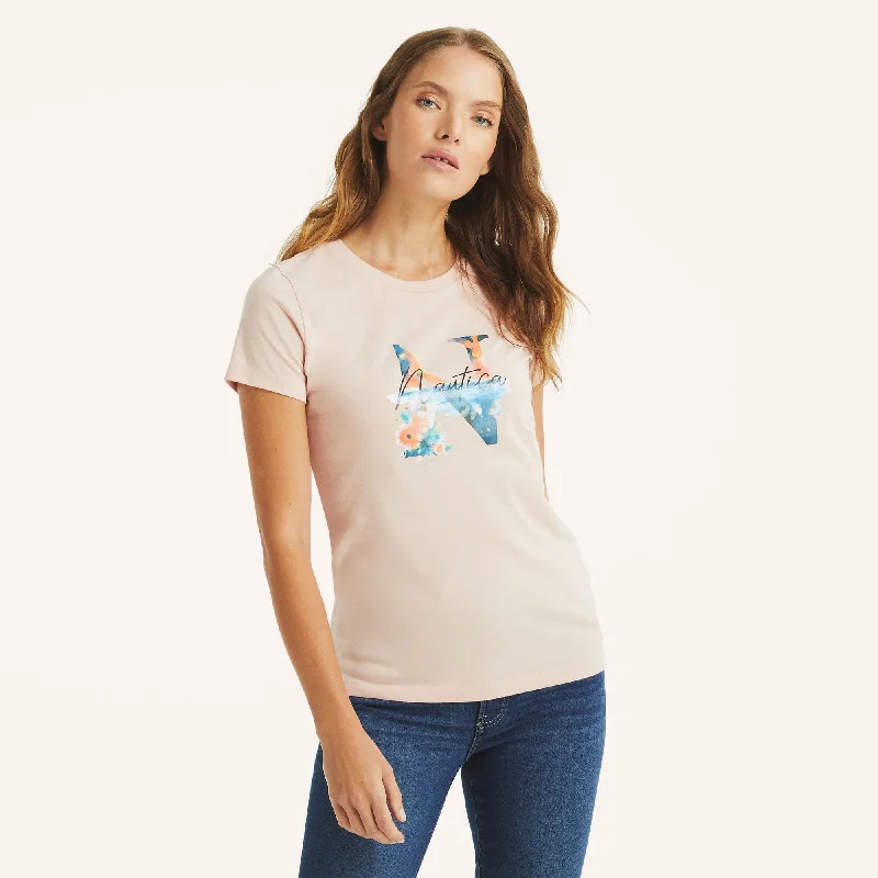 Business Casual Outfits Nautica Womens Foil Floral Logo Graphic T-Shirt