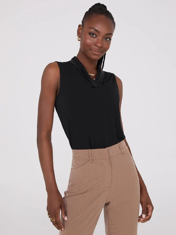 Clothing Sale Sleeveless Pleated Faux Leather V-Neck Top