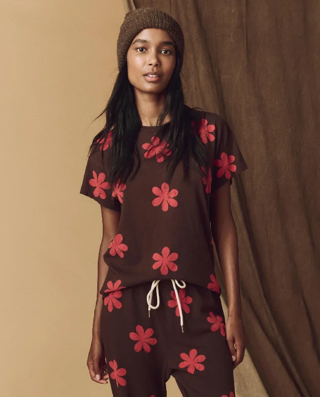Women's Evening Wear The Hand Stamped Boxy Crew. -- Mocha with Hot Red Daisy