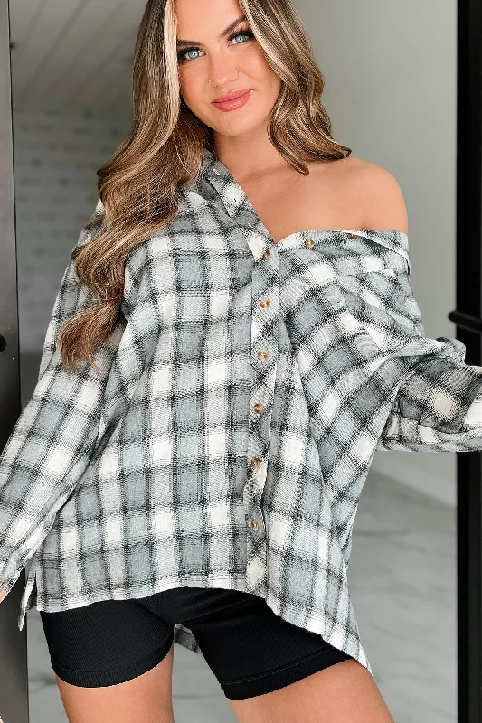 Elegant Women's Evening Garments Cover Your Tracks Oversized Plaid Button-Down Shirt (Ivory/Grey)