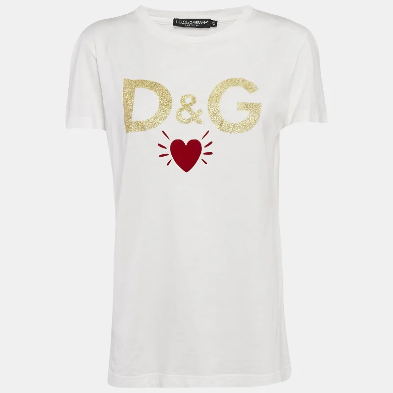 Casual Women's Clothing Dolce & Gabbana White Logo Heart Glitter Print Jersey T-Shirt