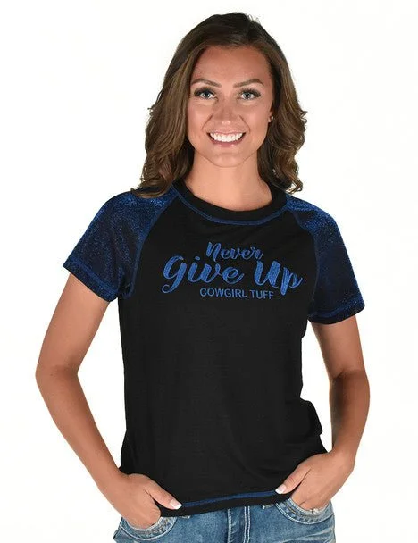 Stylish Women's Clothes for Work and Play Cowgirl Tuff Womens Never Give Up Shimmer Blue Nylon S/S T-Shirt