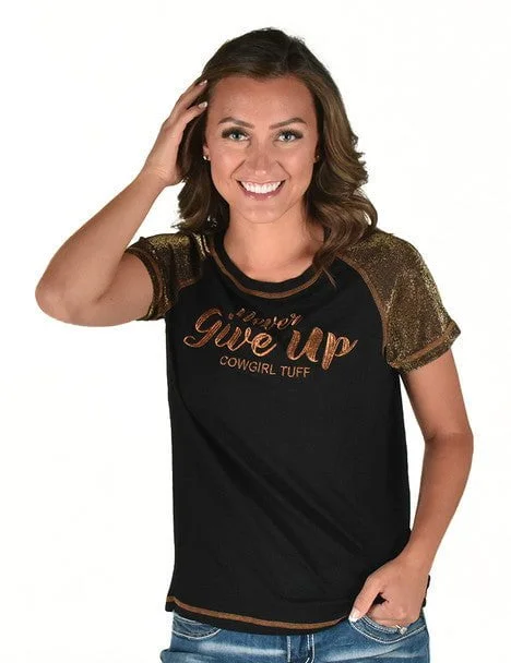 Holiday Discount Cowgirl Tuff Womens Never Give Up Shimmer Copper Nylon S/S T-Shirt