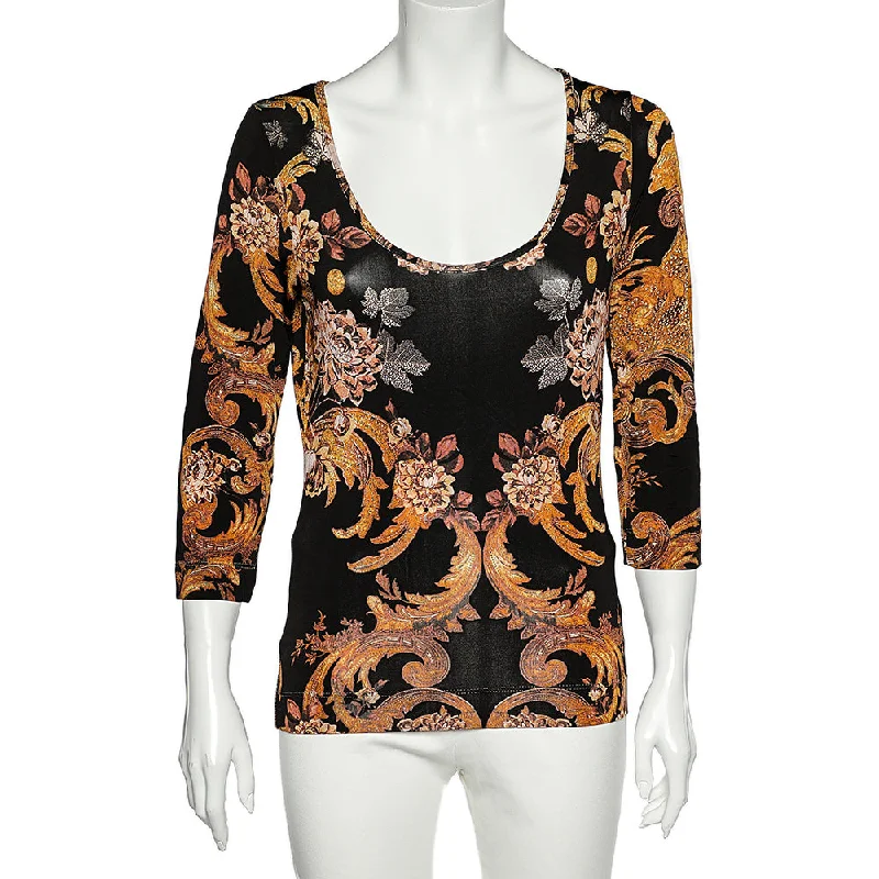 Casual Women's Clothing Online Just Cavalli Black Floral Printed Jersey Scoop Neck T-Shirt