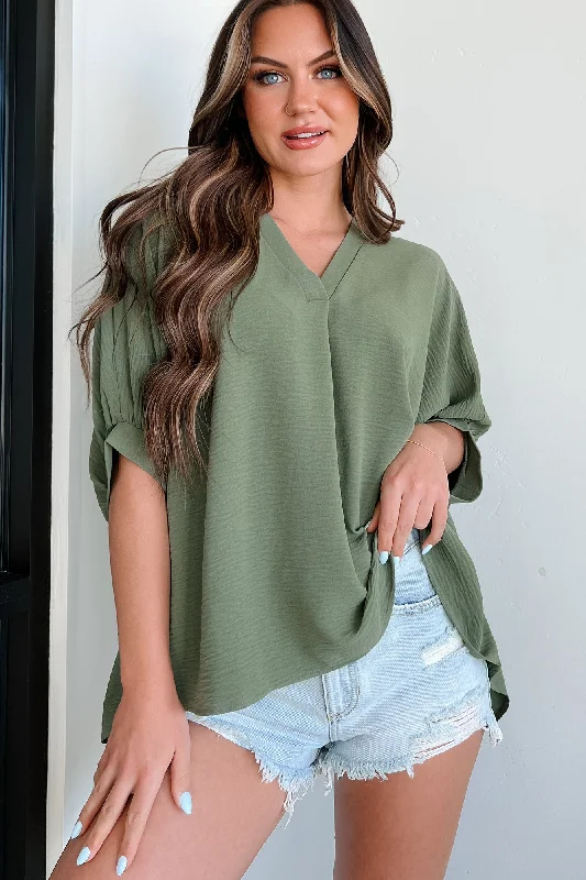 Women's Transitional Apparel Office Chats Oversized V-Neck Blouse (Light Olive)
