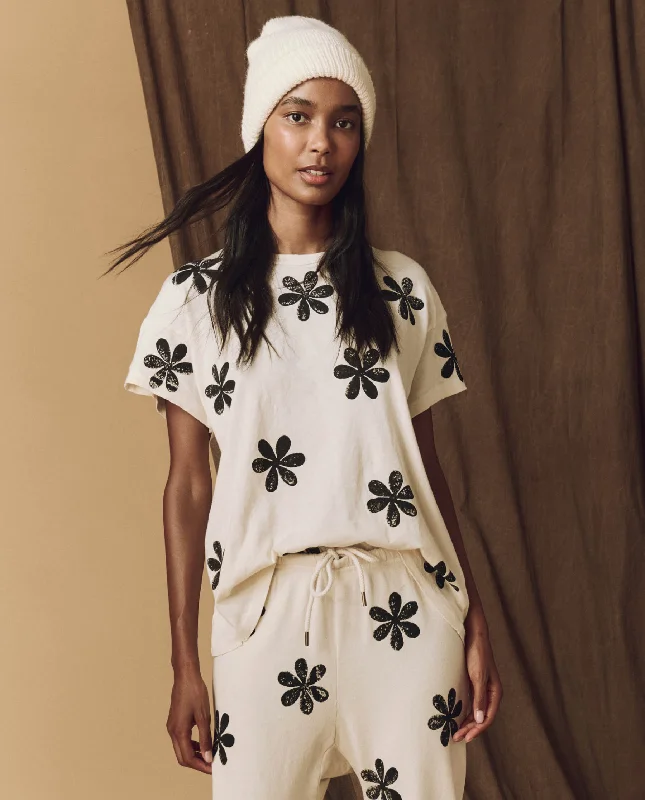 Stylish Everyday Clothing The Hand Stamped Boxy Crew. -- Washed White with Black Daisy Stylish Everyday Clothing The Hand Stamped Boxy Crew. -- Washed White with Black Daisy