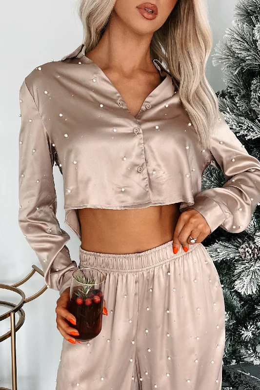 Comfortable Women's Apparel Empowered Soul Pearl Satin Shirt (Taupe)
