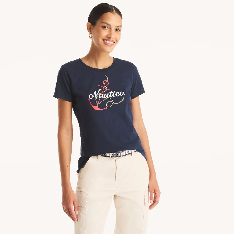 Boho Chic Fashion Nautica Womens Glitter Anchor Knot Graphic T-Shirt
