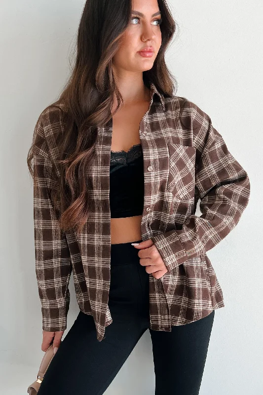 Women's Everyday Garments Stay Humble Oversized Plaid Shirt (Brown/Cream Plaid)