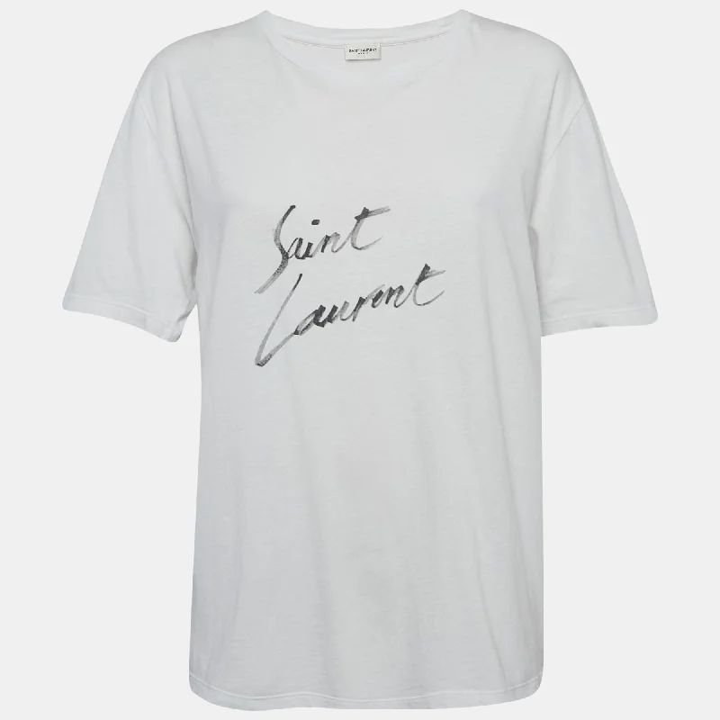 Chic Women's Clothing Online Saint Laurent White Logo Print Cotton Jersey T-Shirt