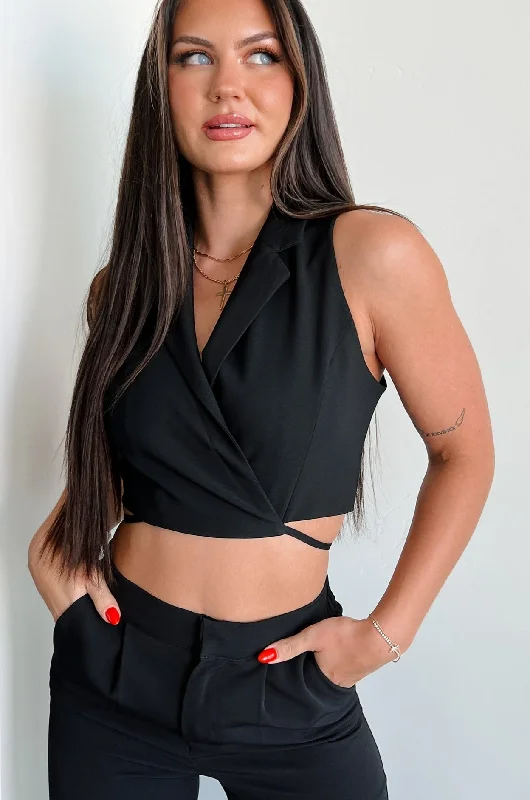 Affordable Women's Apparel Rosalind Wrap Tie Crop Vest (Black)
