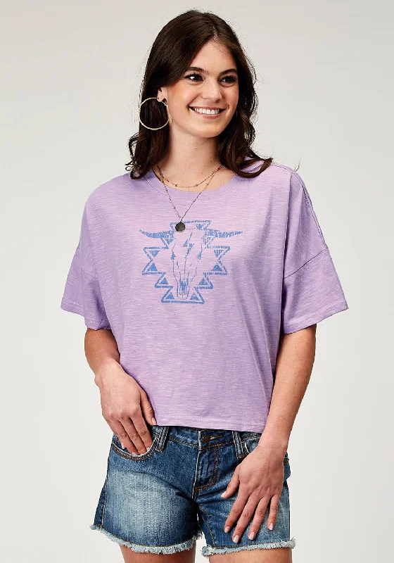 Women Clothes Roper Womens Southwest Longhorn Lilac 100% Cotton S/S T-Shirt