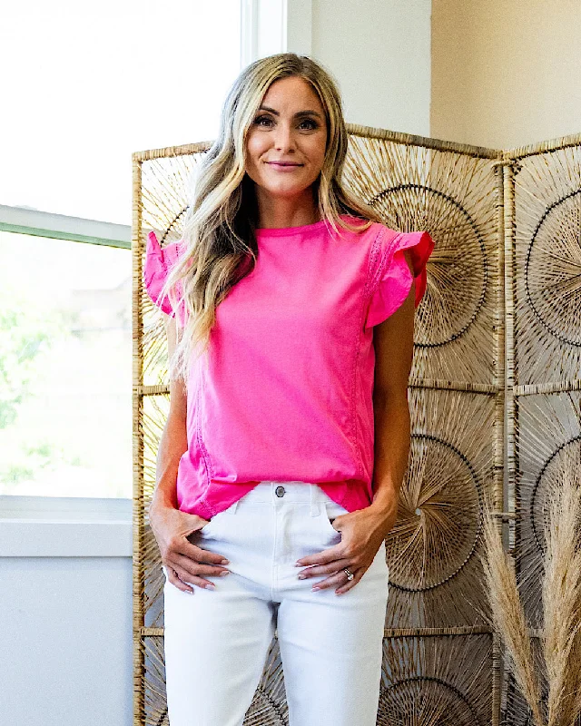 Bold and Elegant Women's Fashion Hazel Flutter Sleeve Top with Lace Detail - Pink FINAL SALE