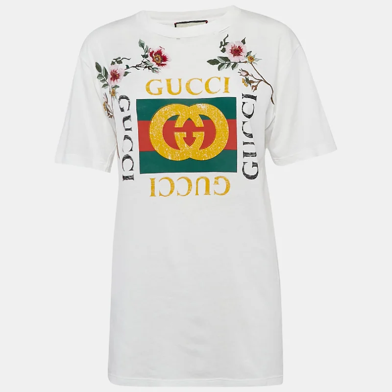 Stylish Loungewear for Women Gucci White Floral Embroidery Cotton Distressed T-Shirt