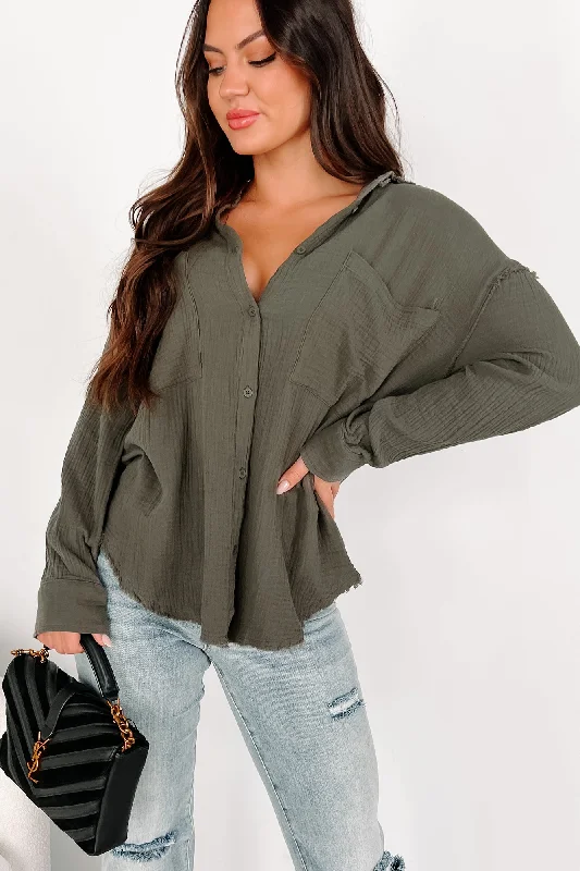 Classic Women's Apparel Simplistic Charm Oversized Cotton Gauze Shirt (Olive)