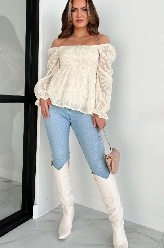 Women's Clothing Apparel Blossoming With Grace Smocked Floral Textured Blouse (Ivory)