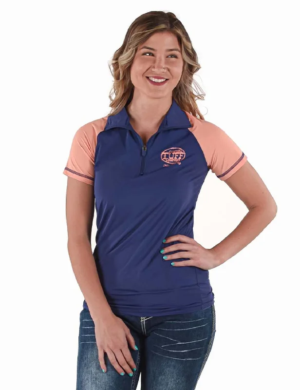 Women's Vacation Outfit Cowgirl Tuff Womens Quarter Zip Cooling UPF Indigo/Coral Nylon S/S T-Shirt Women's Vacation Outfit Cowgirl Tuff Womens Quarter Zip Cooling UPF Indigo/Coral Nylon S/S T-Shirt