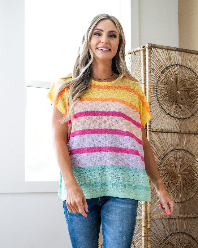 Affordable Women's Fashion Wren Open Weave Striped Short Sleeve Sweater - Apricot FINAL SALE