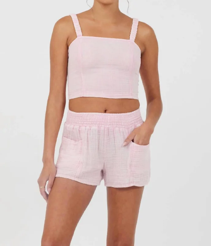 Women's Stylish Vacation Attire Gauze Cropped Tank Top In Washed Pink