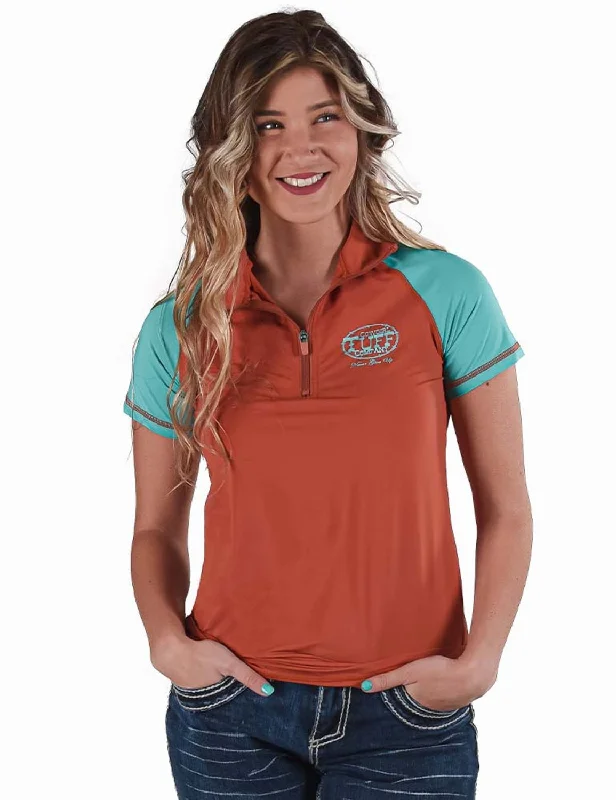 Casual Outfit For Women Cowgirl Tuff Womens Quarter Zip Cooling UPF Rust/Turquoise Nylon S/S T-Shirt Casual Outfit For Women Cowgirl Tuff Womens Quarter Zip Cooling UPF Rust/Turquoise Nylon S/S T-Shirt