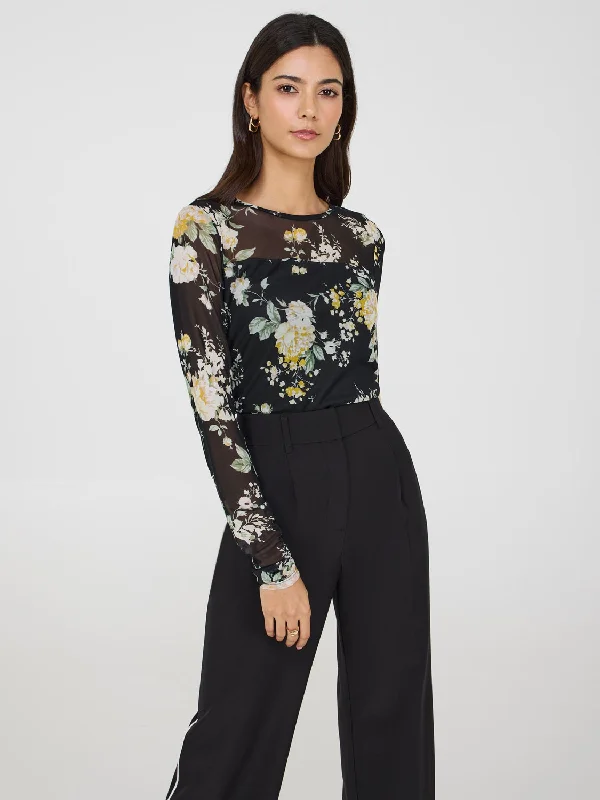 Relaxed Style Printed Illusion Neckline Mesh Top