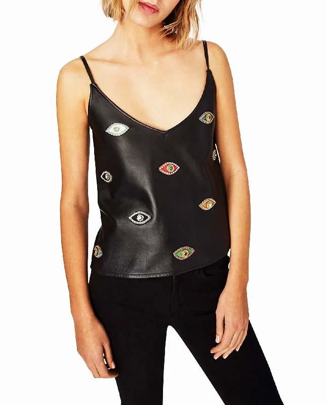 Women's Chic Outerwear Outfit Evil Eye Embellishment V Neck Tank Top In Black Embellished Evil Eye