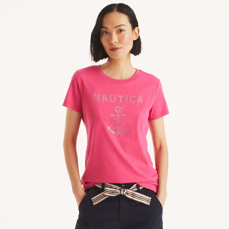 Preppy Style Nautica Womens Rhinestone Anchor Graphic T-Shirt