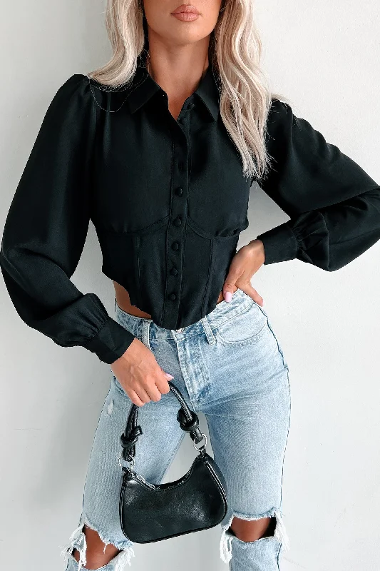 Women's Plus-Size Garments Becoming An Icon Long Sleeve Corset Blouse (Black)