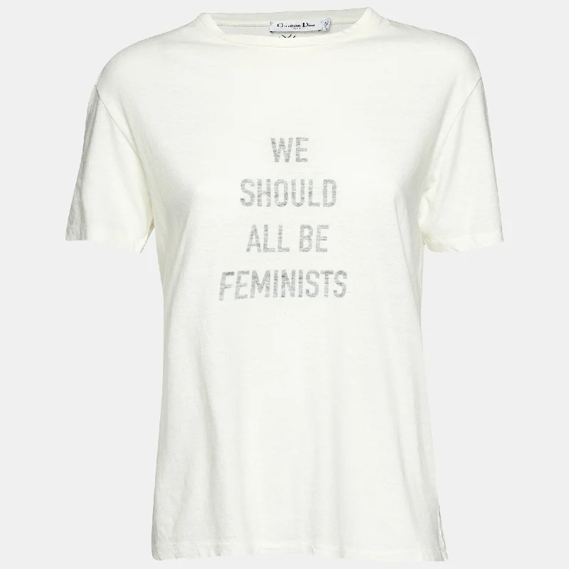 Trendy Women's Apparel Dior Ivory Slogan Print Cotton & Linen Crew Neck T-Shirt