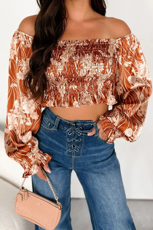 Women's Seasonal Apparel Playing By Your Rules Smocked Satin Crop Top (Butterscotch)