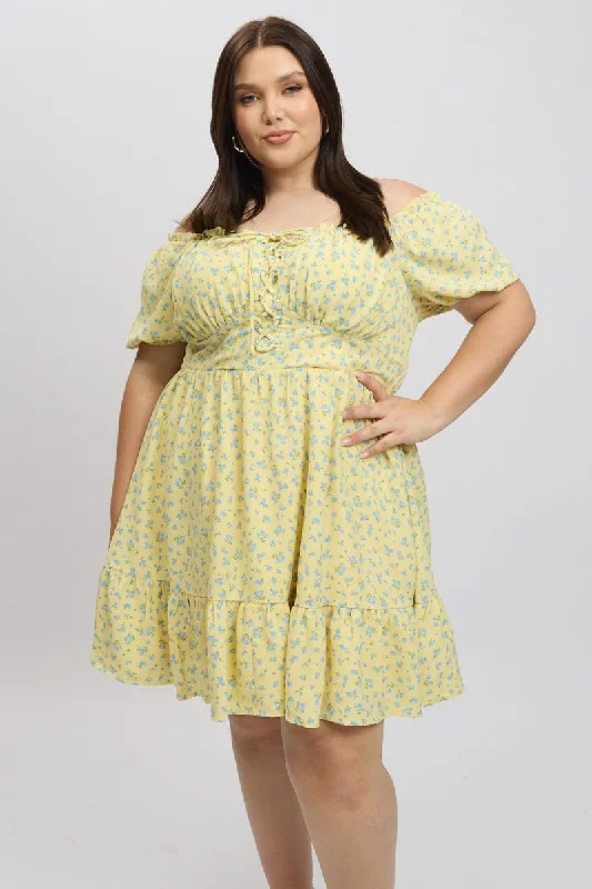 Fashion Forward Yellow Ditsy Lace Up Puff Sleeve Minidress