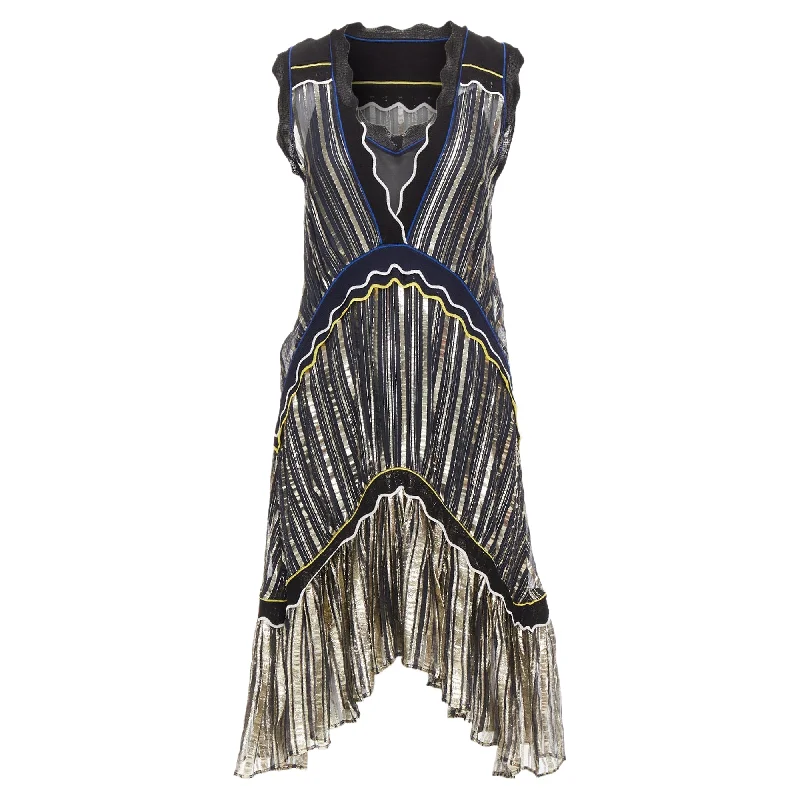 Everyday Wear Peter Pilotto Metallic Trim Pleated V-Neck Knee Dress