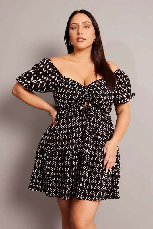 Don't Wait – Weekend Prices Won't Last Black Geo Ruched Front Tiered Minidress