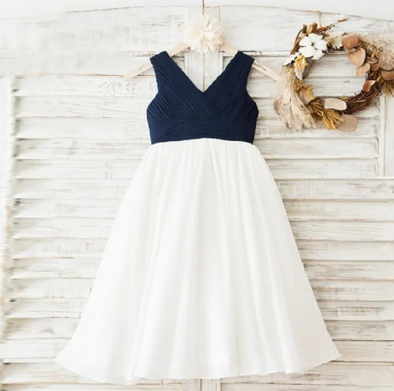 Daily Deals Navy Chiffon V-neck White Skirt Flower Girl Dresses, Simple Little Girl Dresses, FG081