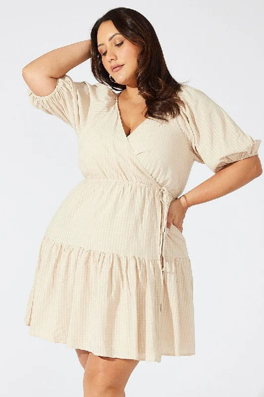 Limited-Time Offers On Elegant And Casual Styles Beige Textured Cotton Wrap Frill Minidress
