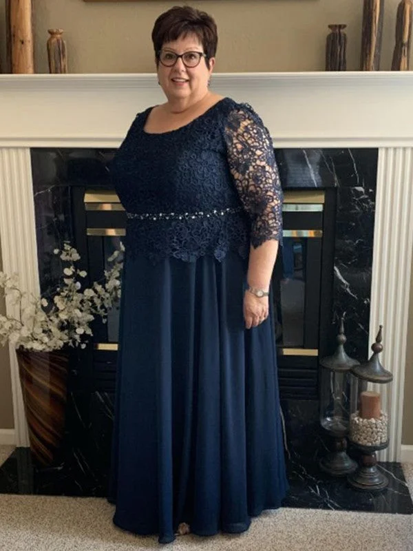 Feminine Soft - Hued Look A-Line/Princess Chiffon Lace Scoop 3/4 Sleeves Floor-Length Plus Size Mother of the Bride Dresses