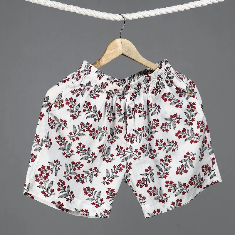 Women's Comfy Attire For Lounging White - Sanganeri Block Printed Cotton Unisex Boxer/Shorts