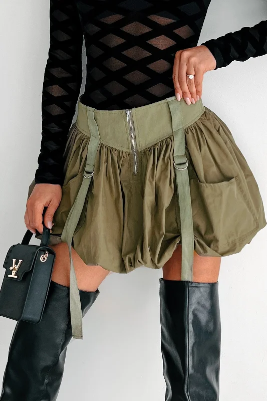 Women's Stylish Casual Garments Rebel By Choice Strap Detail Bubble Skirt (Olive)