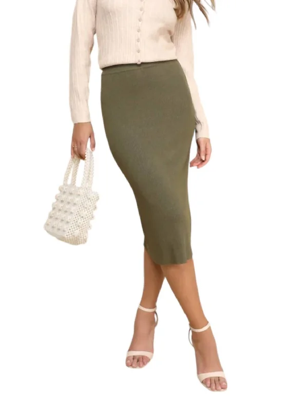 Women's Fashion Clothing Thick Ribbed Midi Back Slit Sweater Skirt In Olive